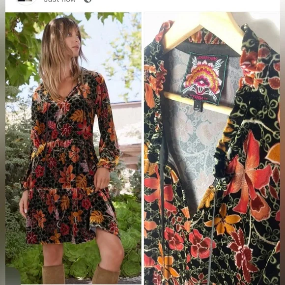 Johnny Was Silk Blend Jasmoon Flore Velvet Field Tiered Dress Tassels - Picture 1 of 11